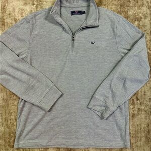 Vineyard Vines Gray Striped Quarter Zip with whale logo.